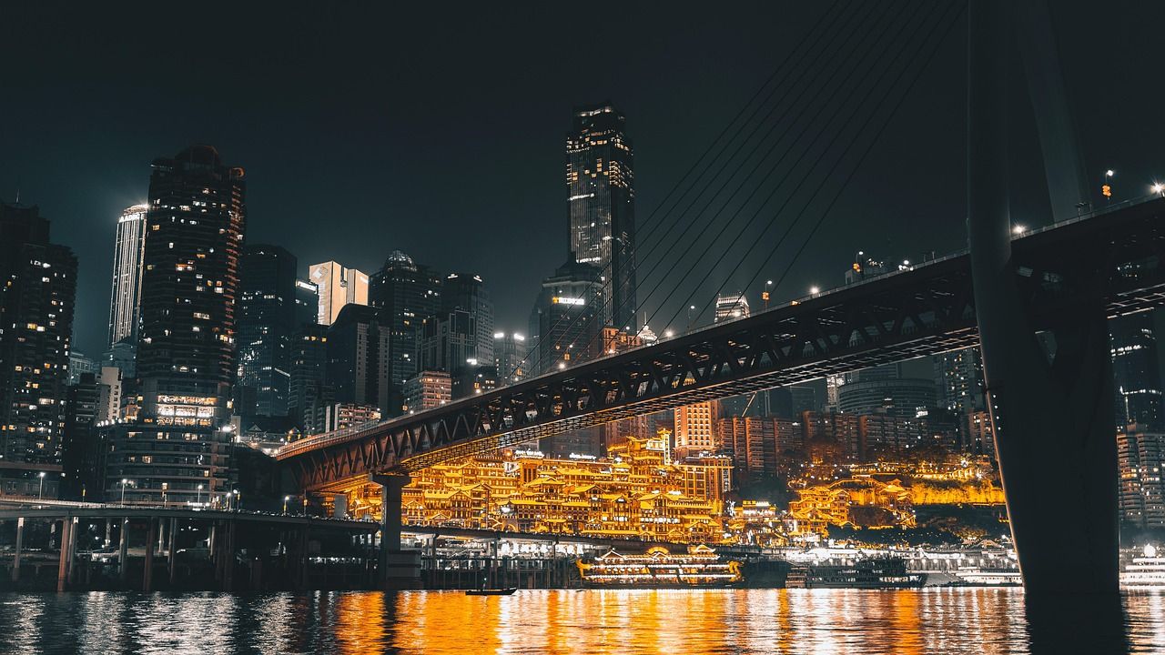 Hongya Cave lit up at night, a short ride from Liziba